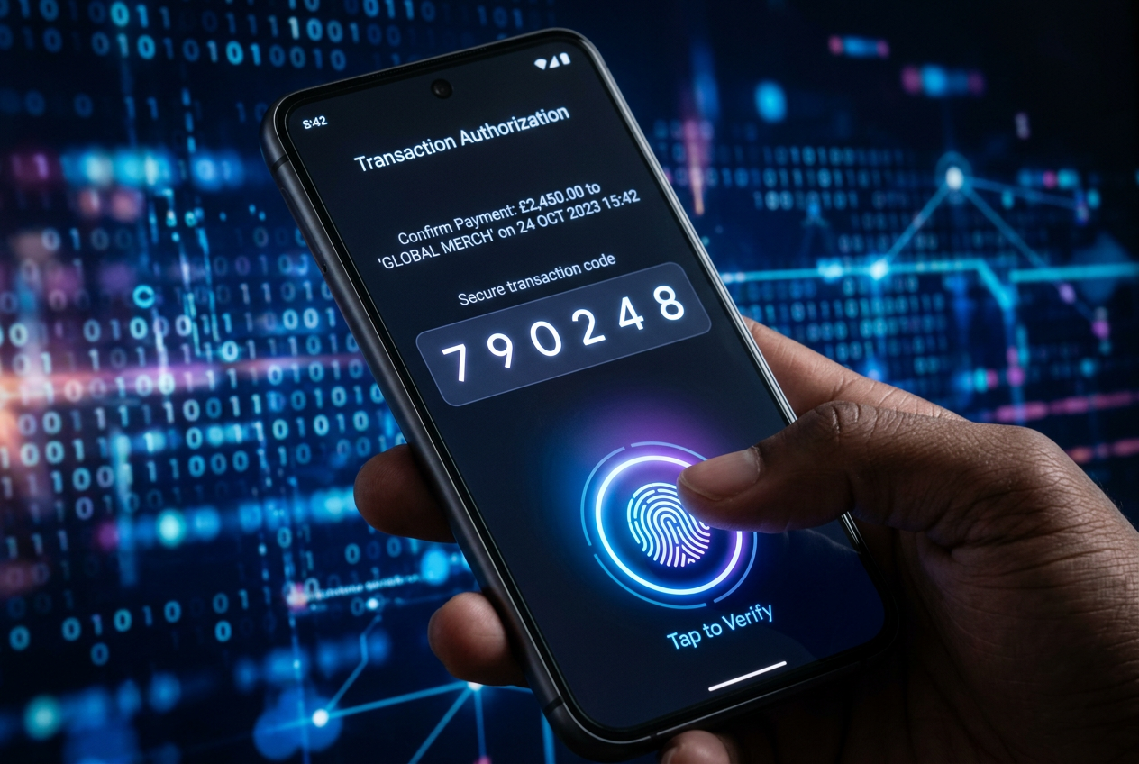 A close-up of a smartphone screen showing a secure payment confirmation with biometric lock.