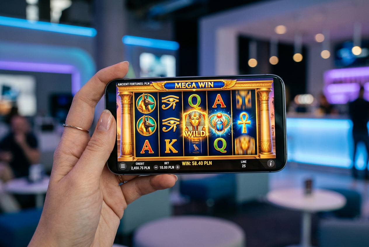 Smartfon wyŒwietlający płynną animację automatu Play'n GO w wysokiej rozdzielczości.